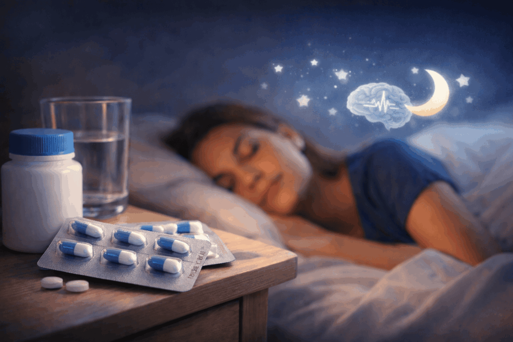 vrouw ligt op bed met pillen op het nachtkasje