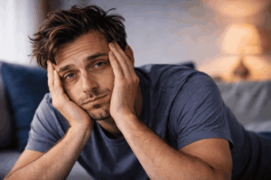 vermoeide man kijkt naar de camera