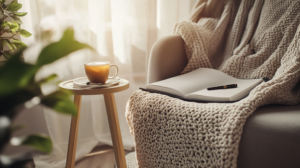 Rustige ochtendroutine met thee, notitieboek en deken voor ontspanning thuis.